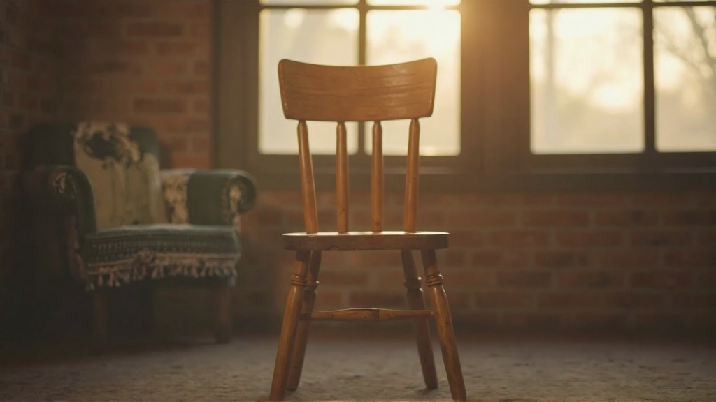 A wooden chair stands alone in a softly lit room, with a vintage green armchair visible in the background, creating a sense of warmth and solitude.